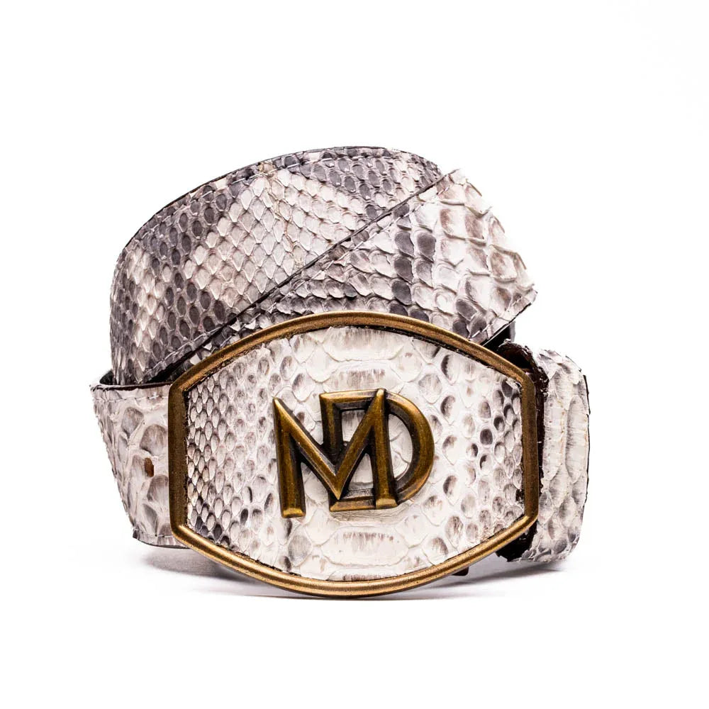 Close-up of Arkansas Belt showing natural python skin texture in light brown tones with antique brass buckle.