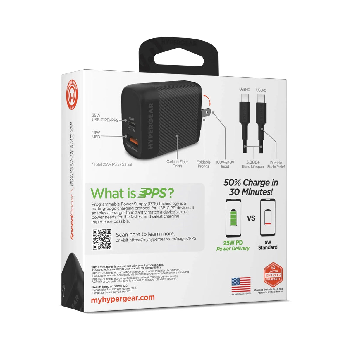 HyperGear SpeedBoost 25W USB-C PD + 12W USB Fast Wall Charger with PPS - Snagva