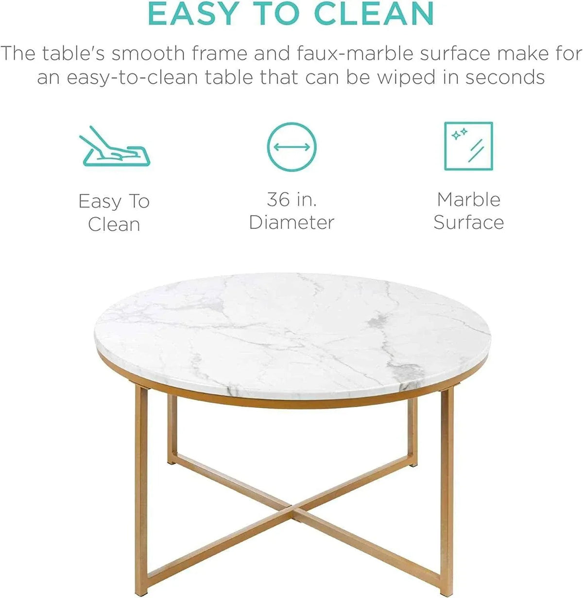 Round Coffee Table With Faux Marble Top Cross Leg Design