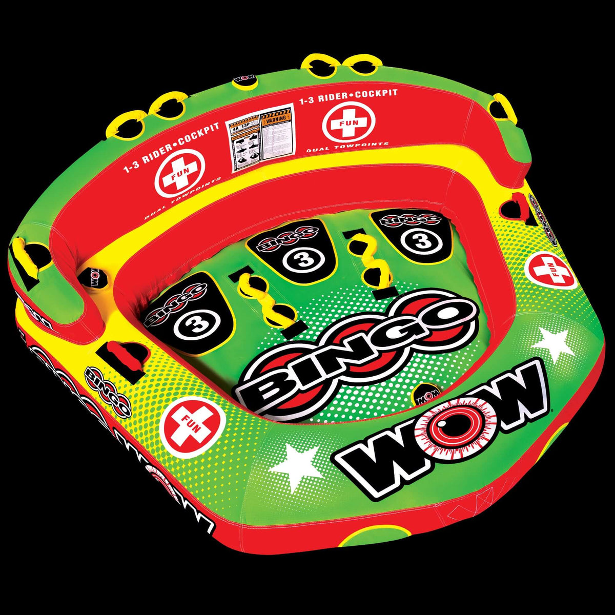Clear water surface with two riders enjoying a ride on the Bingo towable water tube.