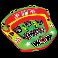 Clear water surface with two riders enjoying a ride on the Bingo towable water tube.