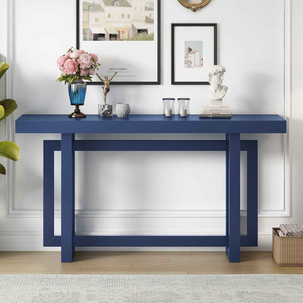 Side view of navy blue console table showcasing slim profile and solid wood construction.