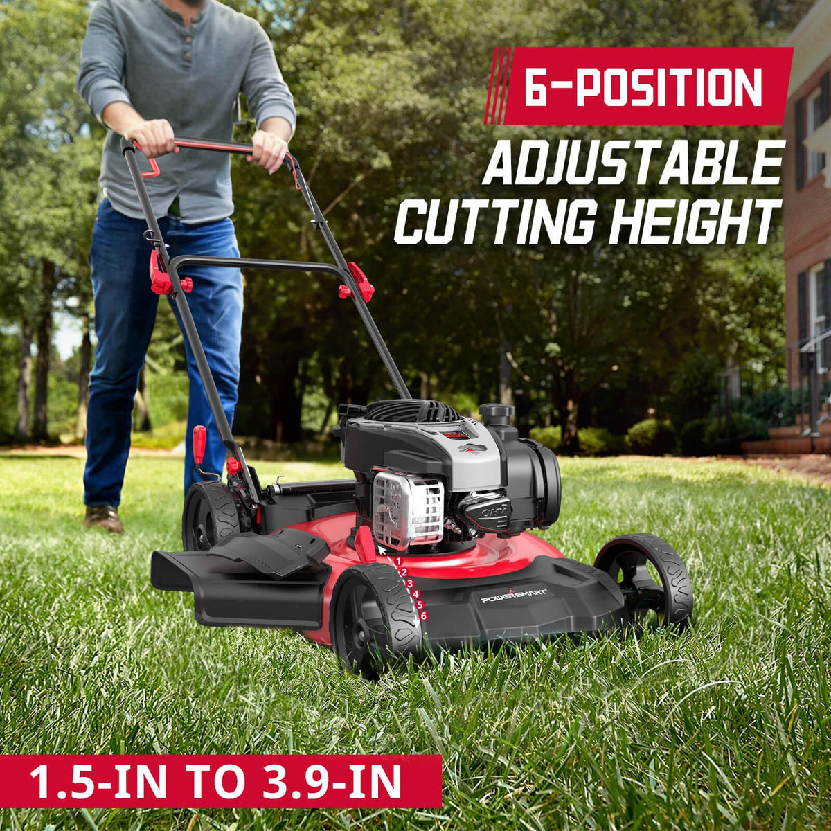Side view showing adjustable height settings knob on lawn mower deck.