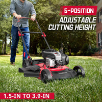Side view showing adjustable height settings knob on lawn mower deck.