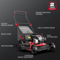Close-up of steel mower deck and front wheel of a 21-inch gas lawn mower.