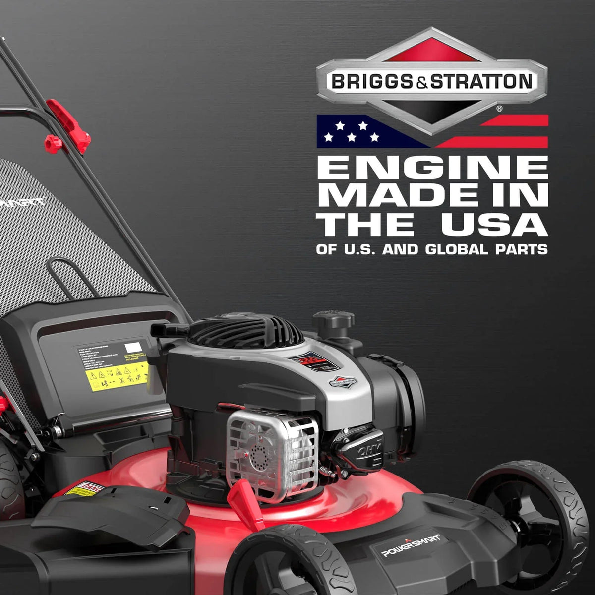 Gas mower handle with throttle controls and pull start cord visible.