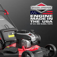 Gas mower handle with throttle controls and pull start cord visible.