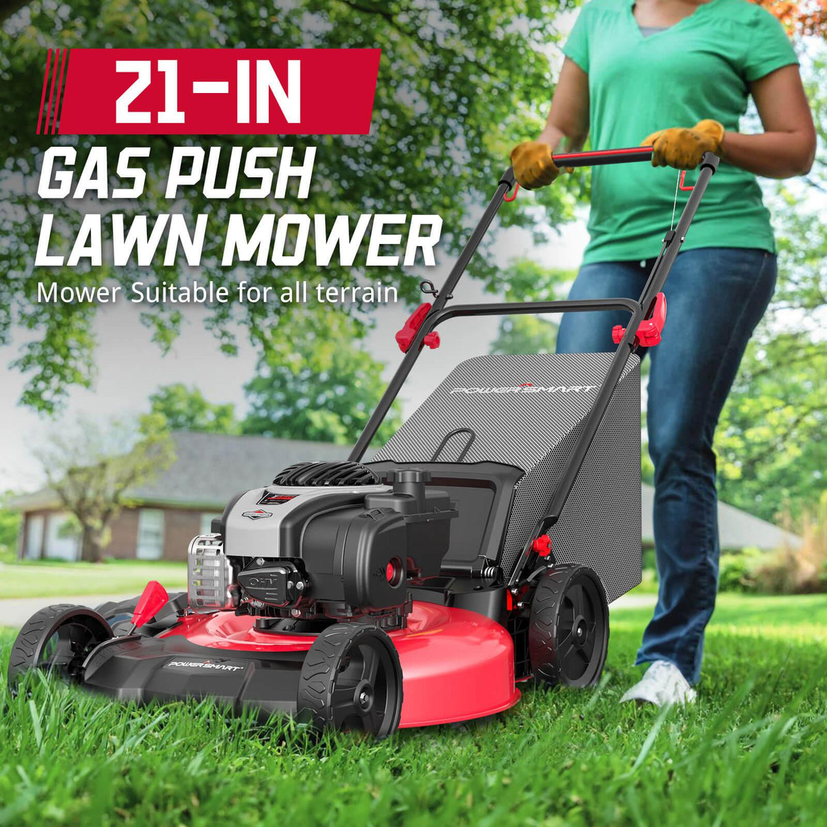 Lawn mower displayed with side-discharge chute attachment for grass clipping.
