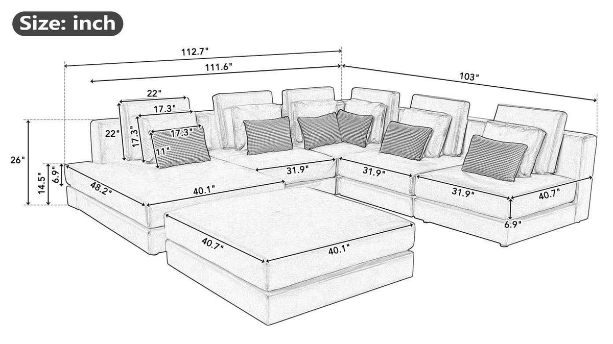 Large black modular sectional sofa with chaise lounge, upholstered in soft fabric, designed for spacious living rooms.