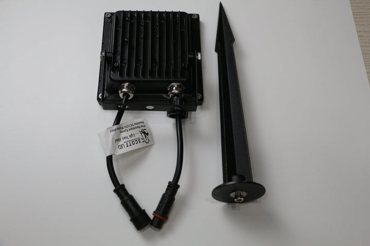 Rear view of 12V RGB flood light with mounting stake and XConnect leads