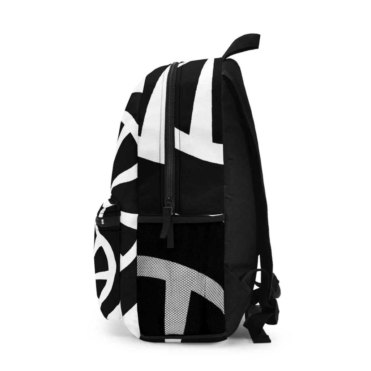 Front angle view of black and white geometric water-resistant backpack with zipper details.