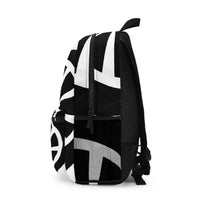 Front angle view of black and white geometric water-resistant backpack with zipper details.