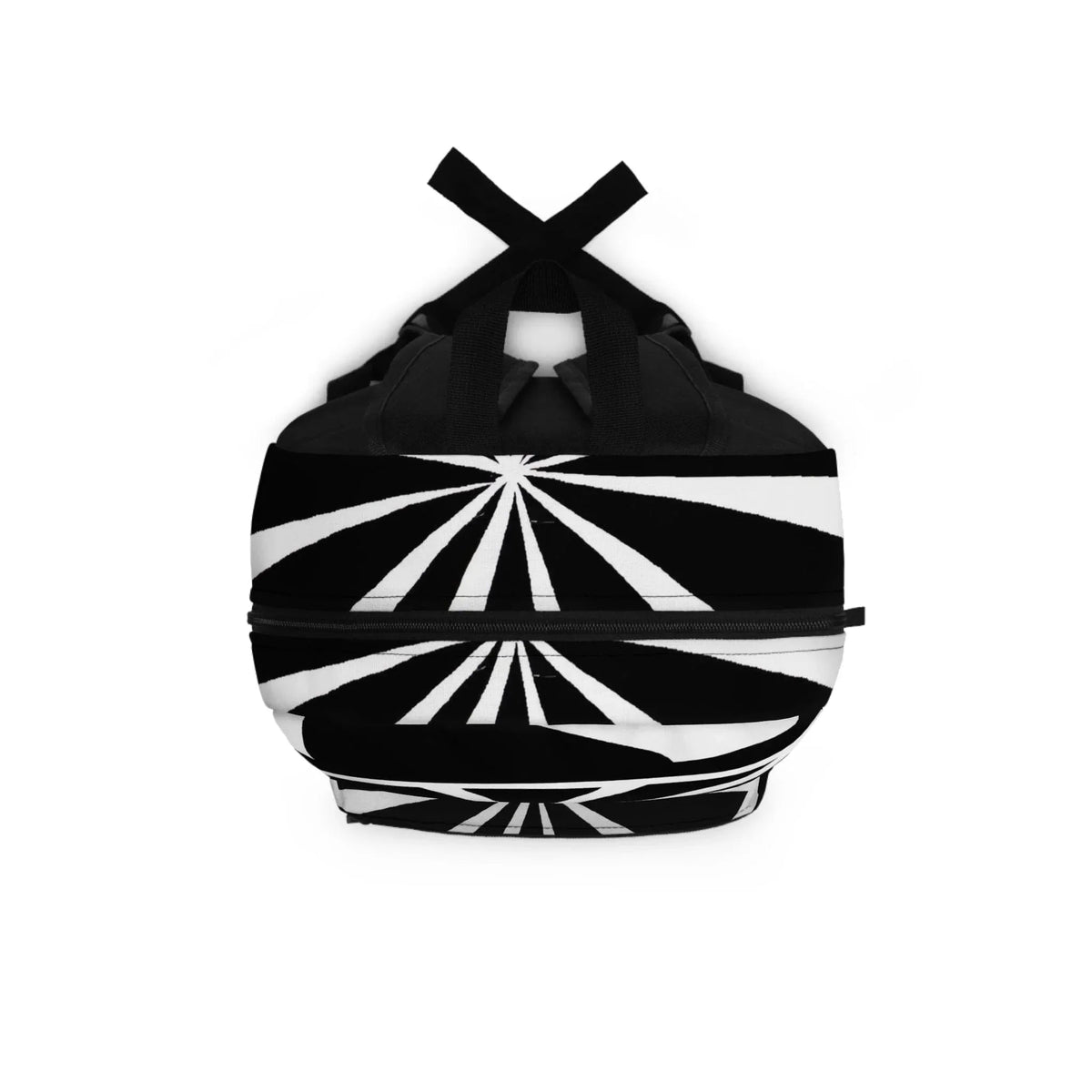 Close-up of geometric patterned fabric and zipper on black and white water-resistant backpack.