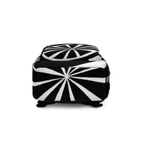 Interior of backpack showing spacious main compartment with black fabric lining.
