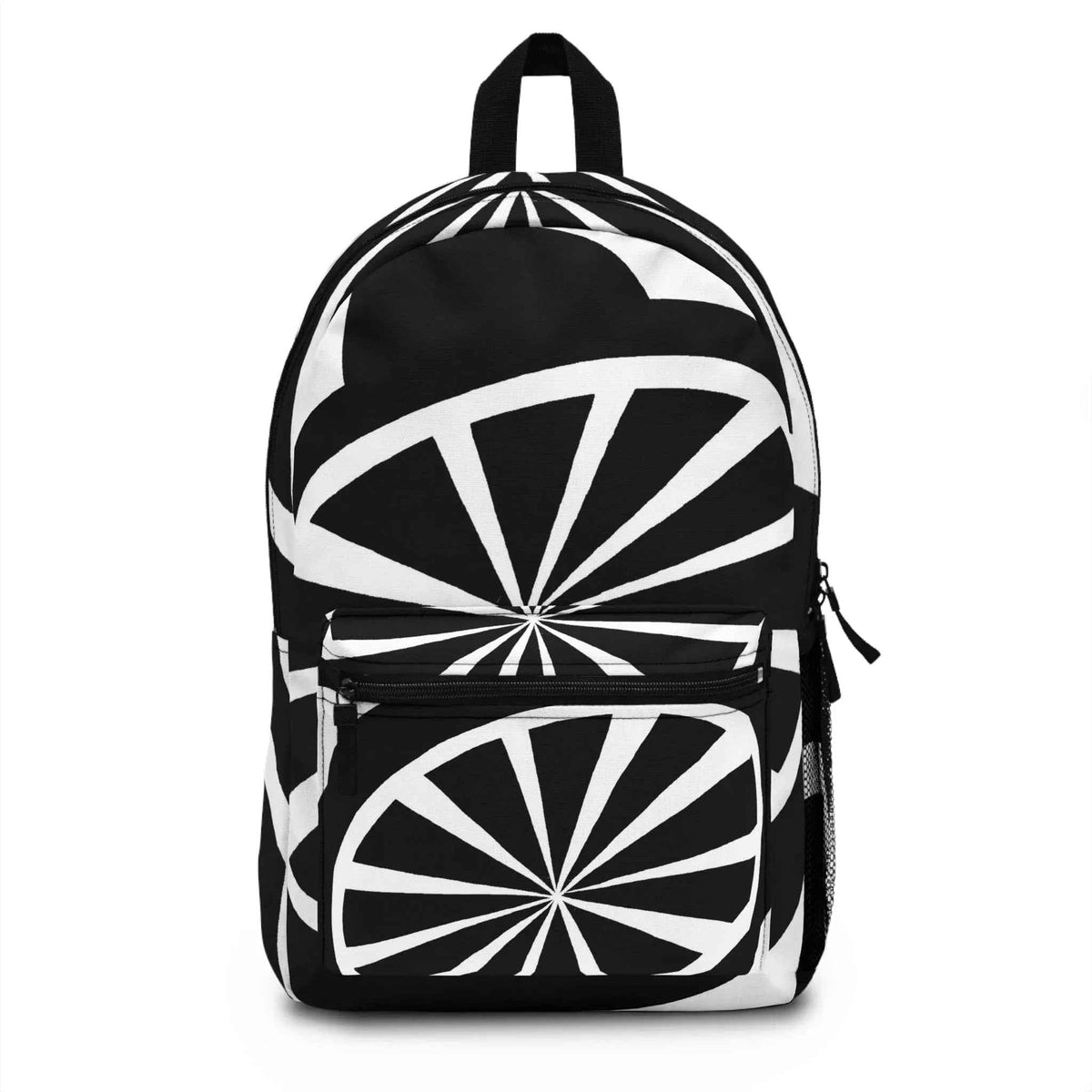 Black and white geometric patterned large water-resistant backpack on white background.
