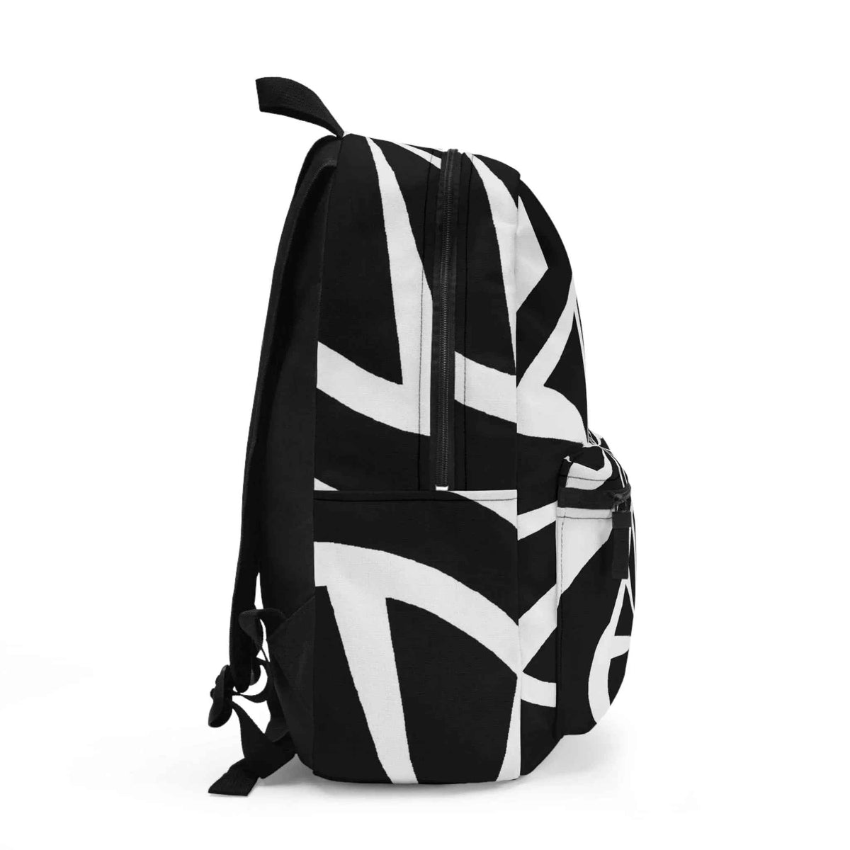 Side view of large black and white geometric print water-resistant backpack showing straps.