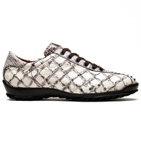 Side view of Batistini sneaker highlighting sleek silhouette and exotic textured leather materials.