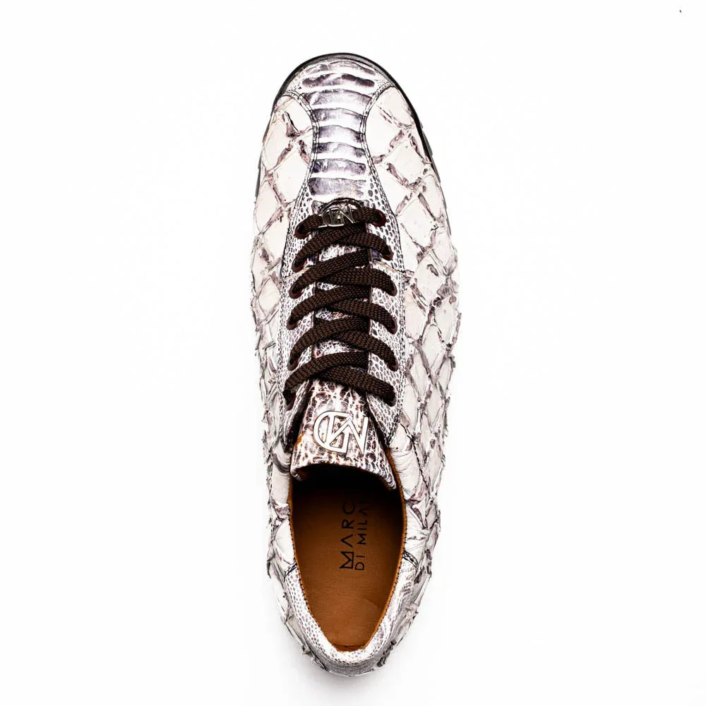 Batistini sneaker angled to showcase hand-painted details on Pirarucú and ostrich leather.