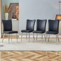 Black modern minimalist dining chair with curved PU leather backrest on metal legs