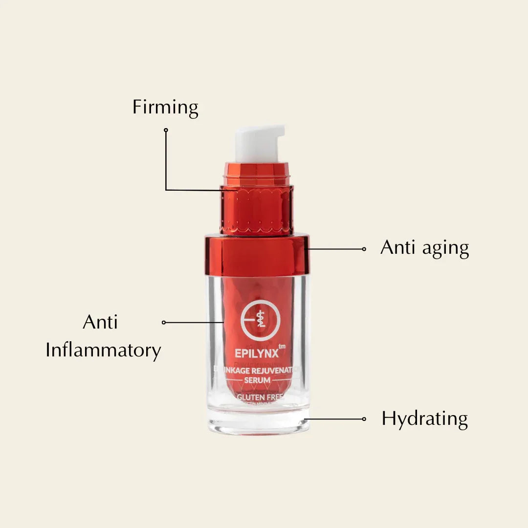 Graphic showing natural ingredients and features of vegan, gluten-free face serum.