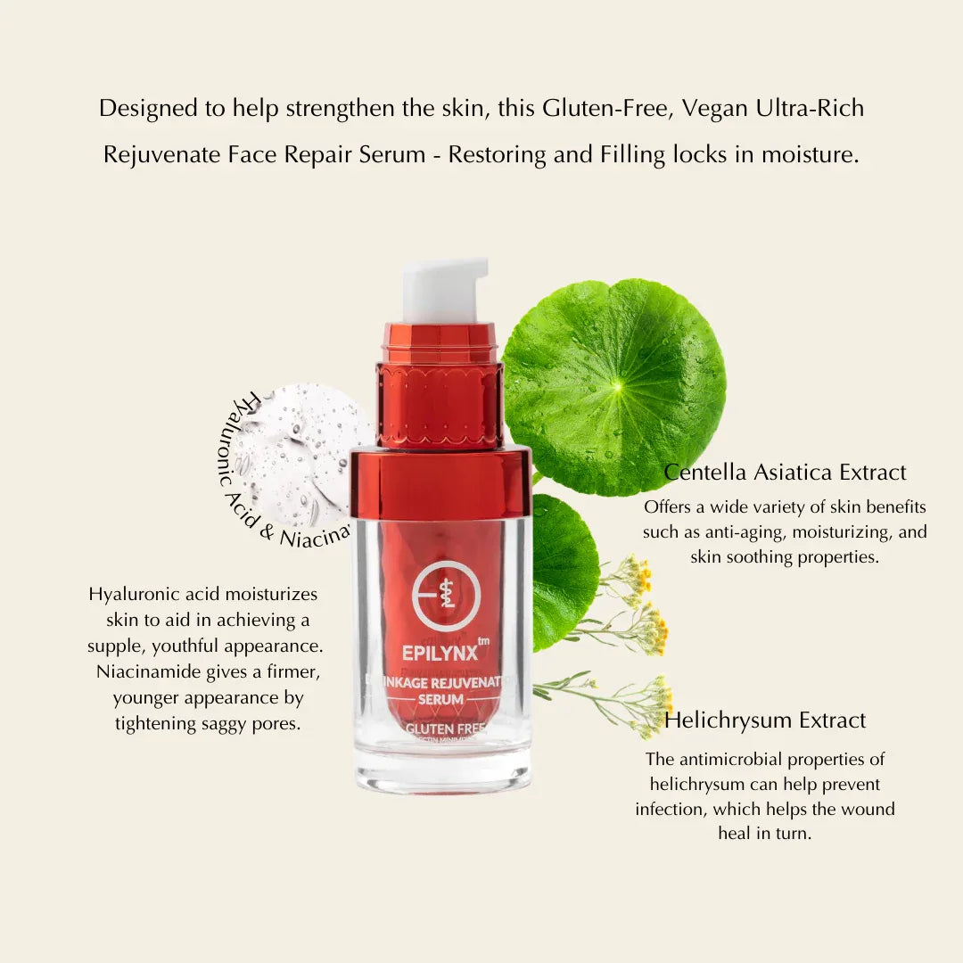 Illustration highlighting benefits of the rejuvenate serum including hydration and firming.