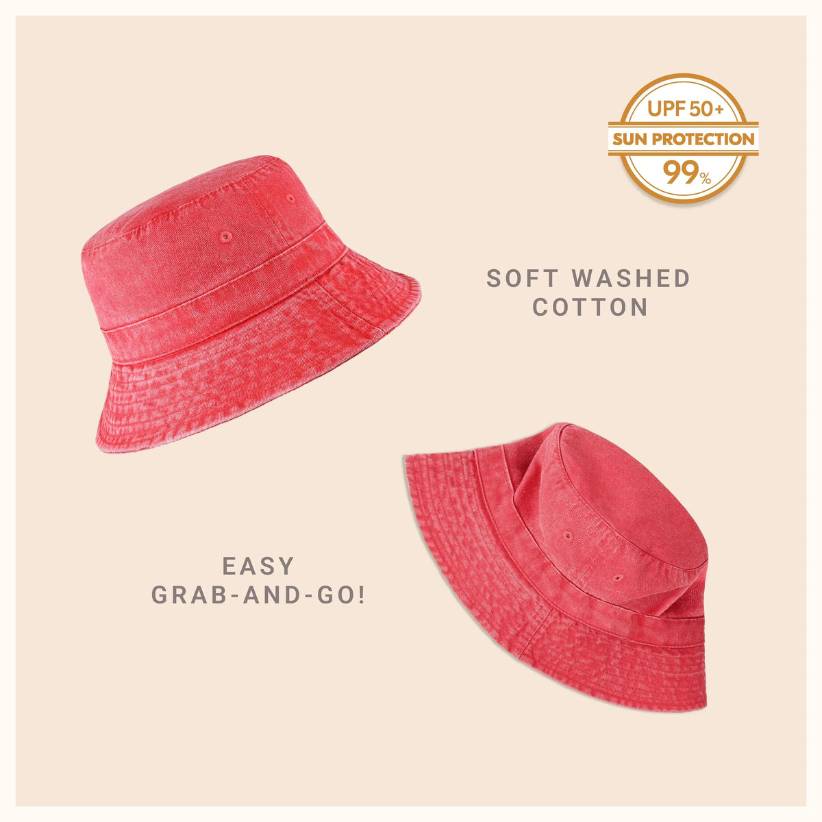 Top and side views of light beige cotton bucket hat on white background.