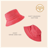 Top and side views of light beige cotton bucket hat on white background.