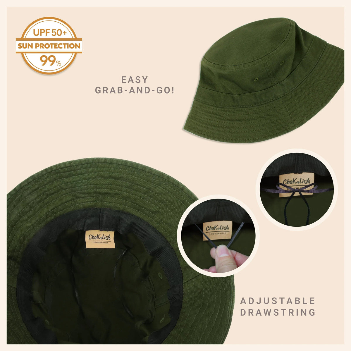Multiple angles of olive green cotton bucket hat displayed on white surface.
