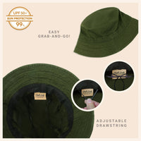 Multiple angles of olive green cotton bucket hat displayed on white surface.