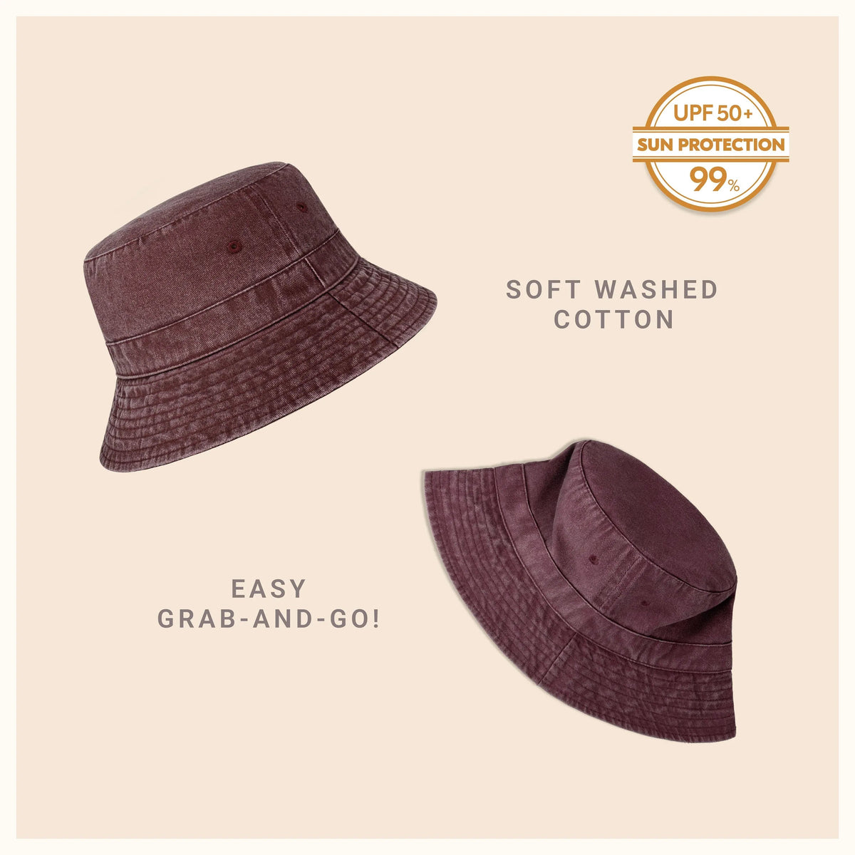 Beige cotton bucket hat shown from top, side, and angled views.