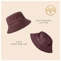 Beige cotton bucket hat shown from top, side, and angled views.