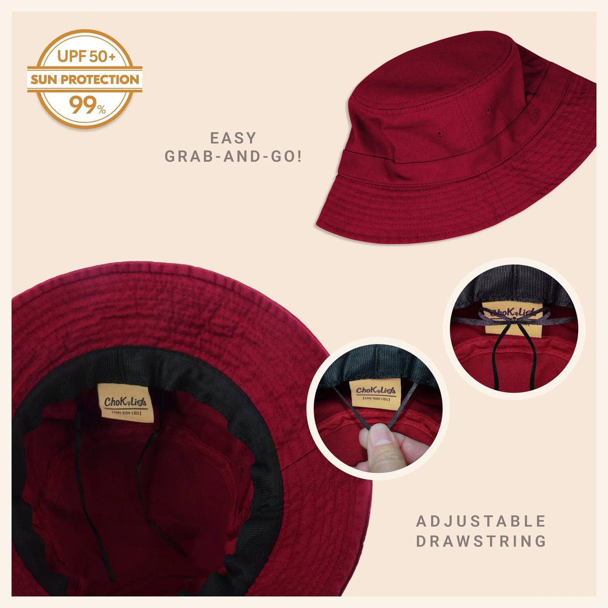 Light brown cotton bucket hat displayed from various angles on white background.