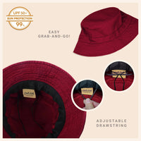 Light brown cotton bucket hat displayed from various angles on white background.
