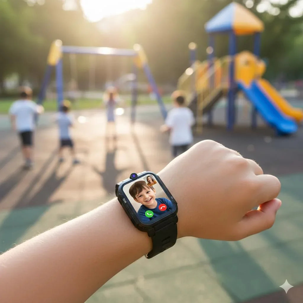 Black 4G Android kids smartwatch with silicone strap displayed on white background.