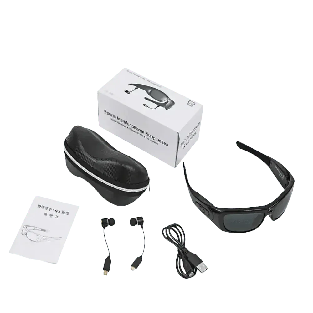Black HD 1080P camcorder sunglasses with 32GB storage shown from angled side.
