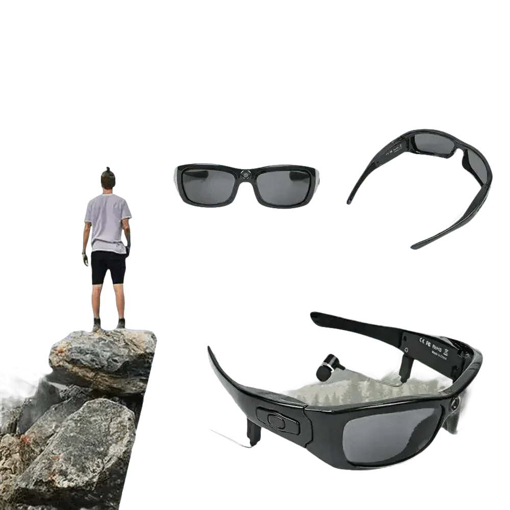 Side view of black camcorder sunglasses featuring built-in camera and attached headphones.