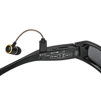 Close-up of black mini camcorder glasses camera with headphones showing frame design.