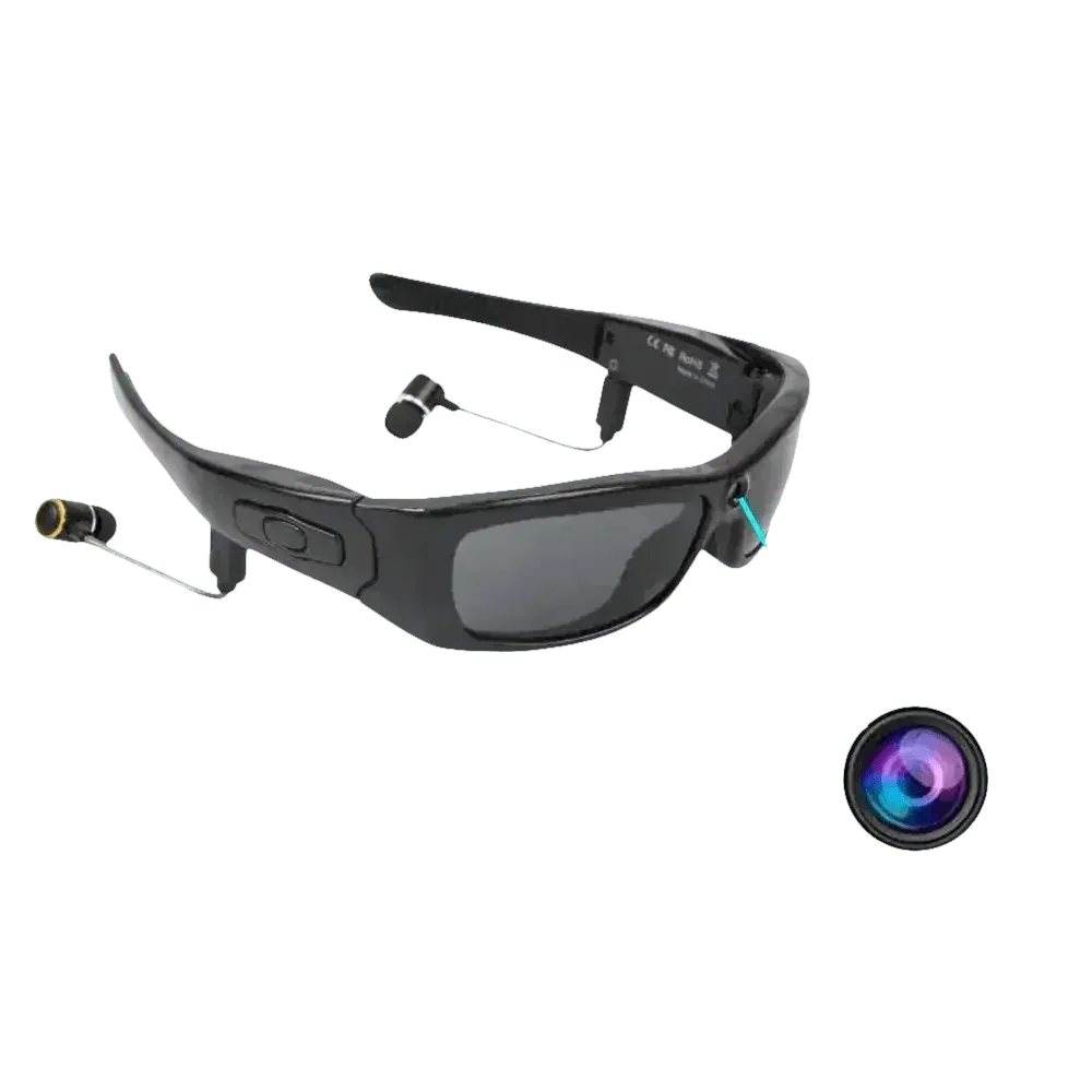 Black camcorder sunglasses with built-in camera and headphones on white background.
