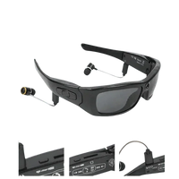 Black sports-style camcorder sunglasses with integrated camera and headphones.