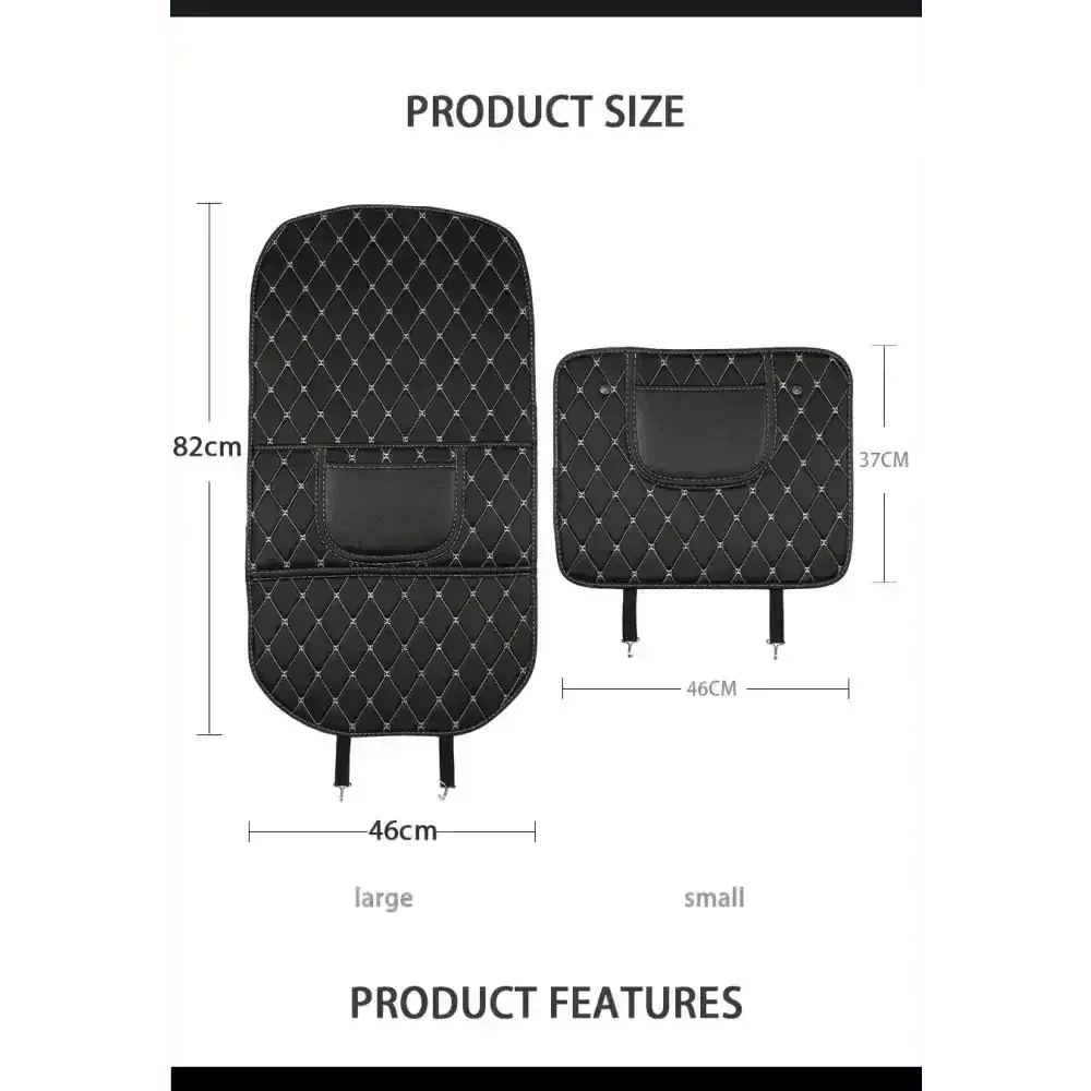 Black car seat protector pad with red stitching placed on car seat displaying easy installation fit.
