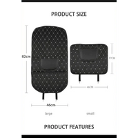 Black car seat protector pad with red stitching placed on car seat displaying easy installation fit.