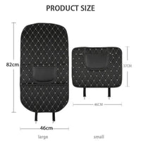 Close-up of black car seat protector pad corner highlighting red stitching detail and durable material.