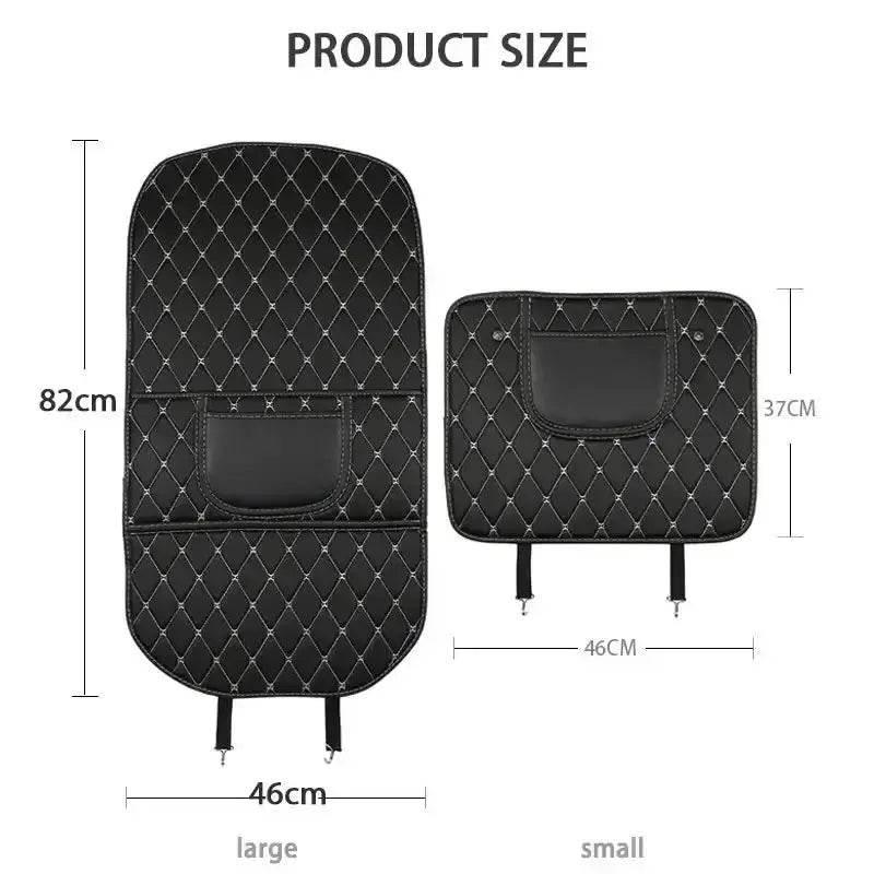 Close-up of black car seat protector pad corner highlighting red stitching detail and durable material.