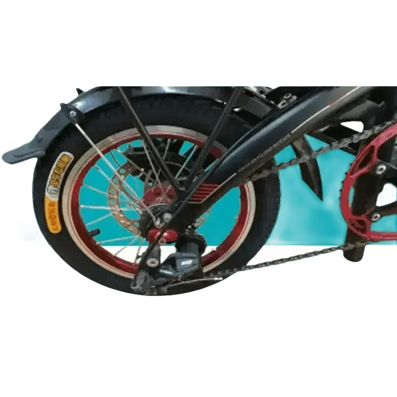 Electric bike rear wheel with black CST tire and visible drivetrain components.