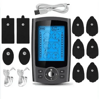 Close-up of the black TENS unit device showing buttons and digital display for muscle massage control.