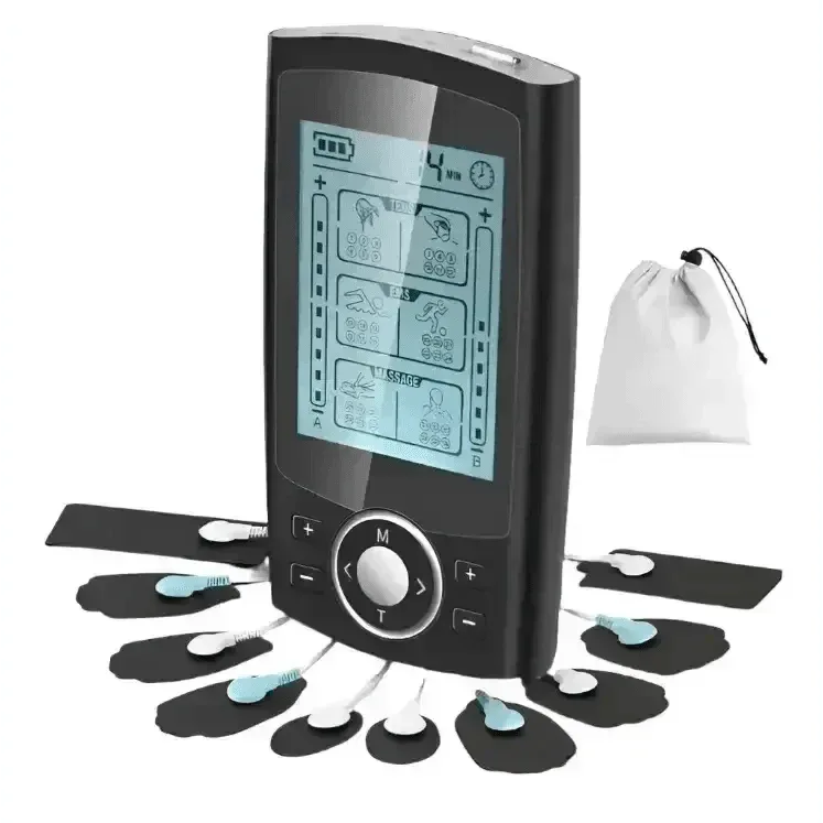 Black Electric EMS Acupuncture Body TENS Unit with electrode pads for muscle stimulation and pain relief.
