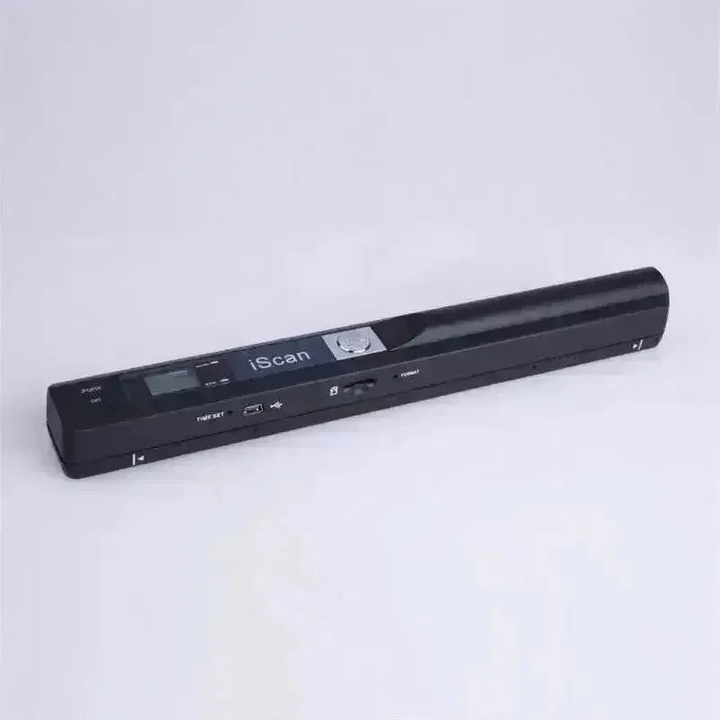 Black handheld A4 portable scanner on white background, compact device for easy document scanning