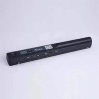 Black handheld A4 portable scanner on white background, compact device for easy document scanning