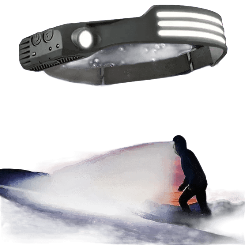 Headlamp illuminated, casting wide bright beam in dark environment