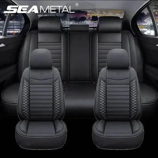 Black leather car seat cover installed on a car seat showing smooth texture and sleek design.